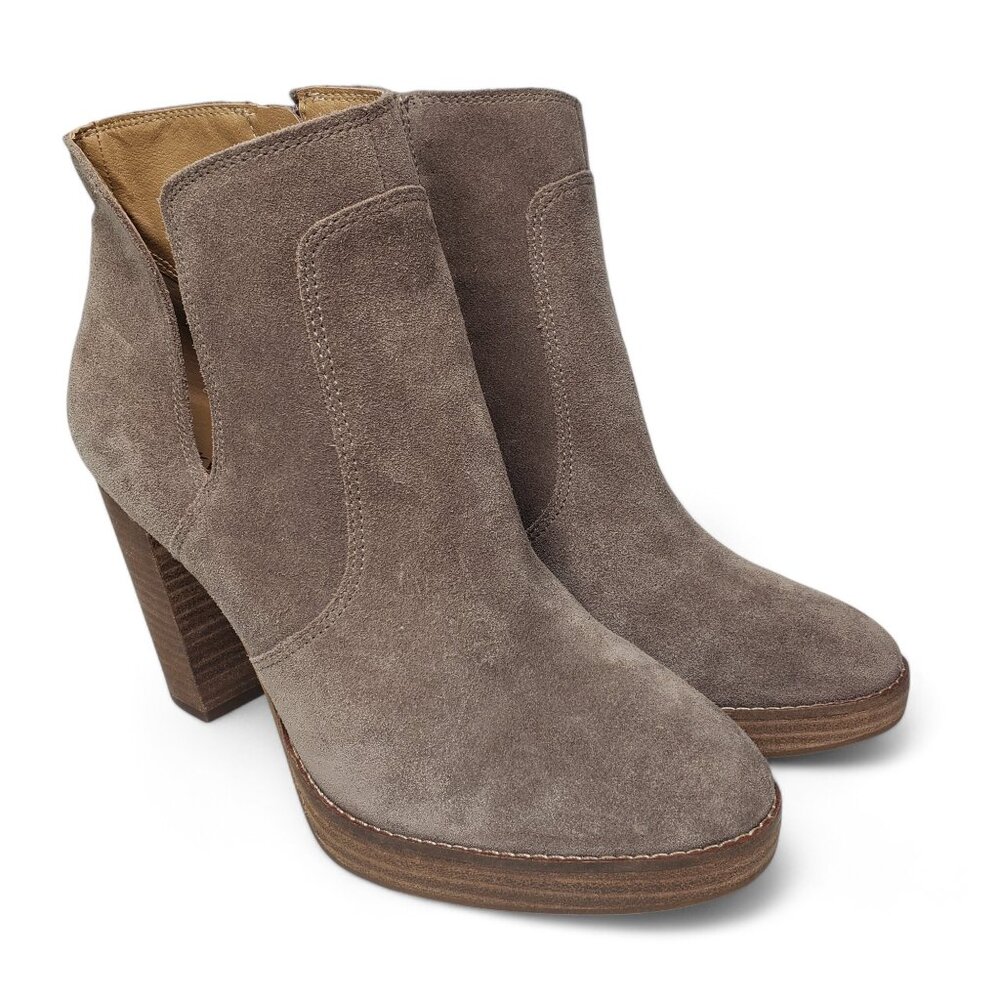 Lucky Brand Quiselle Suede Bootie Women's Taupe Block Heel Open Side Chelsea 9.5